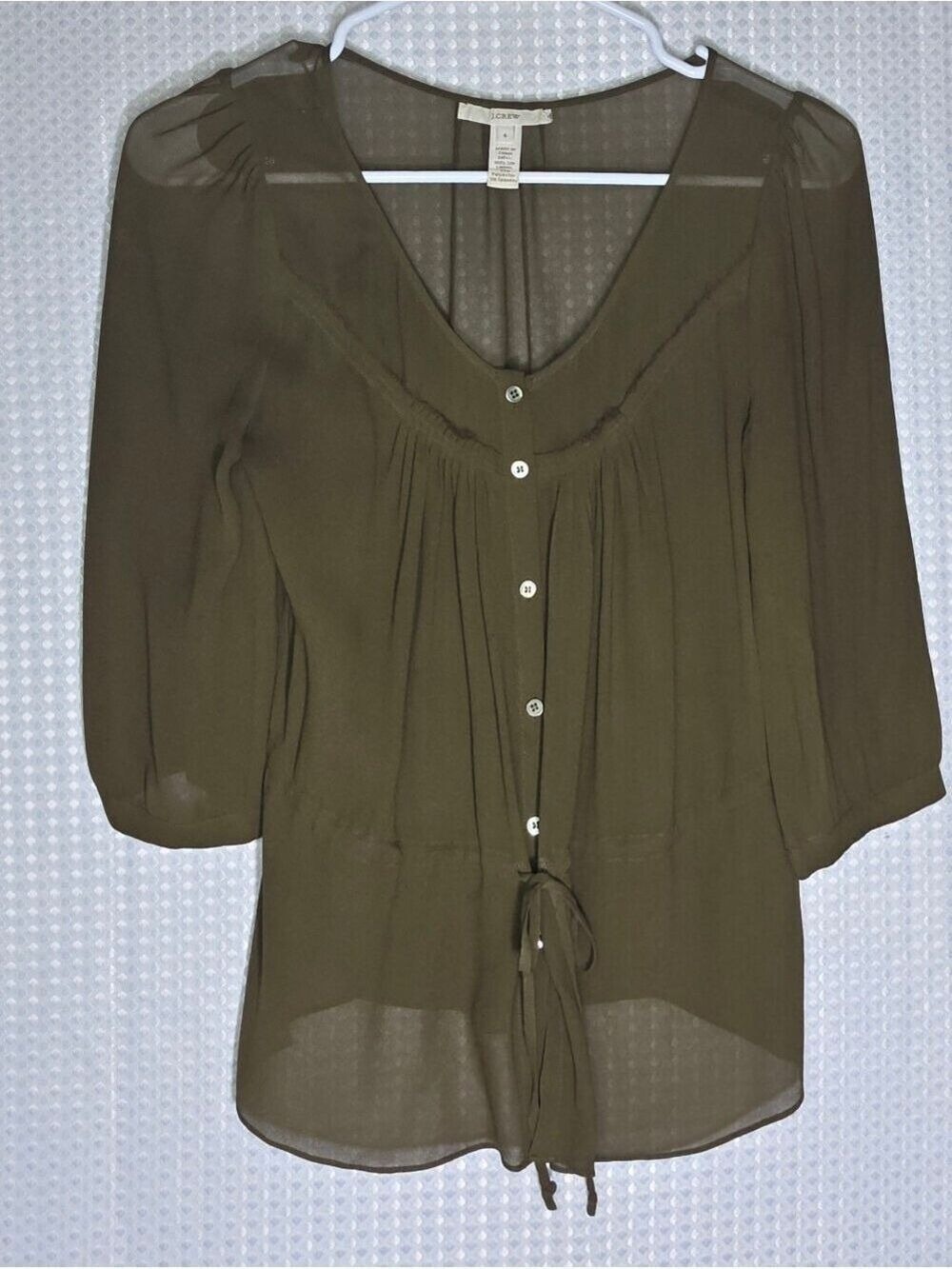 J.Crew Sheer Silk Blend Tie Front Blouse | Olive Quiet Luxury Office Chic Top 4 - Picture 3 of 9